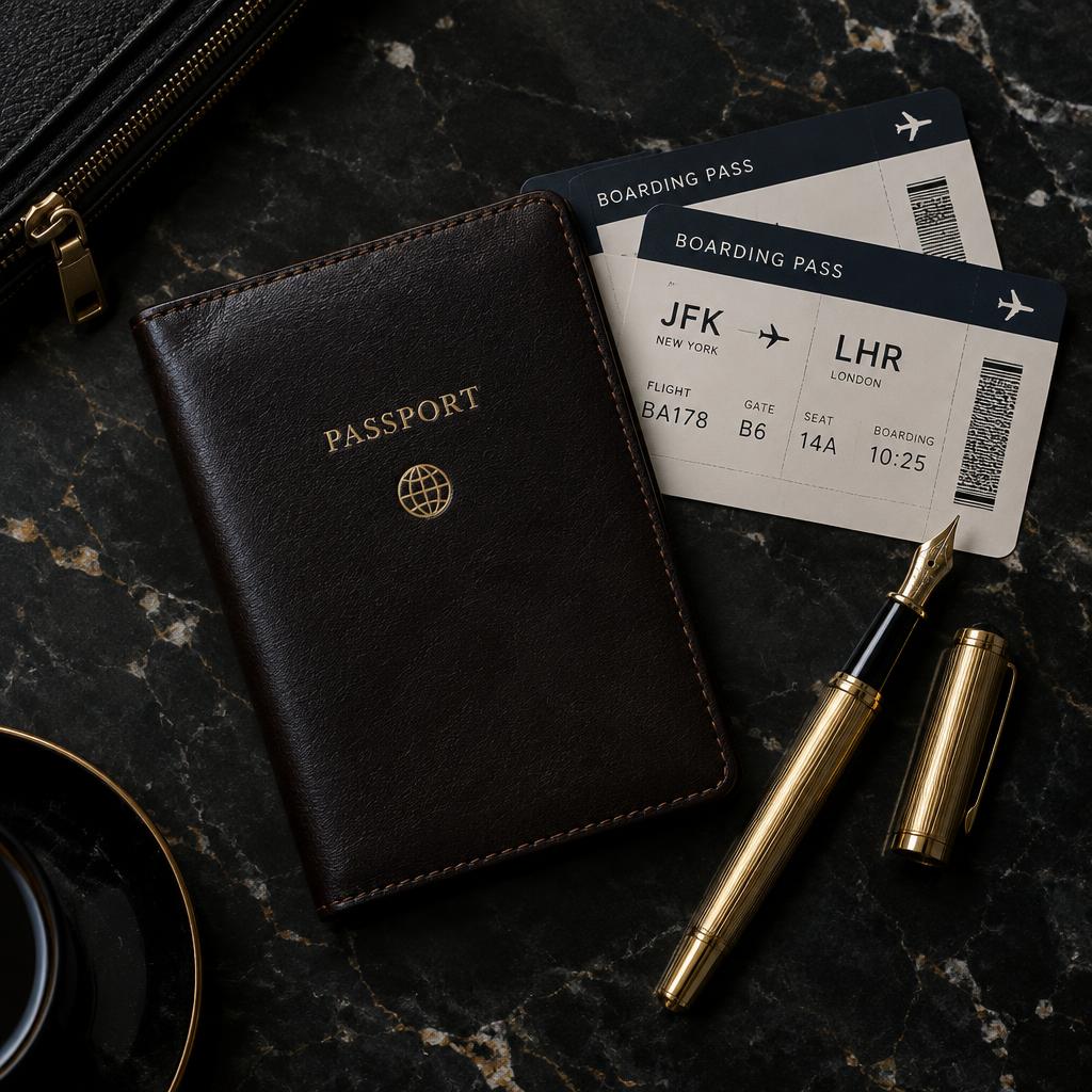 Passport, boarding passes and a gold pen on dark marble
